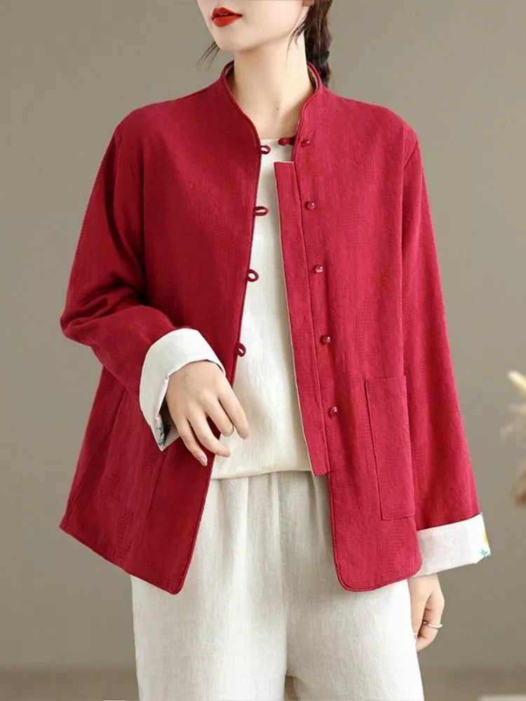 Women's Reversible New Chinese Style Pomegranate Floral Frog Button Stand Collar Coat