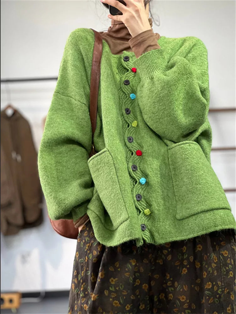 Women's Vintage Green Wool Blend Cardigan with Cute Colorful Buttons and Wavy Placket