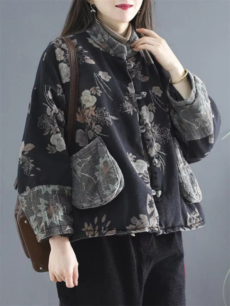 Women's Vintage Floral Print Padded Frog Button Short Jacket