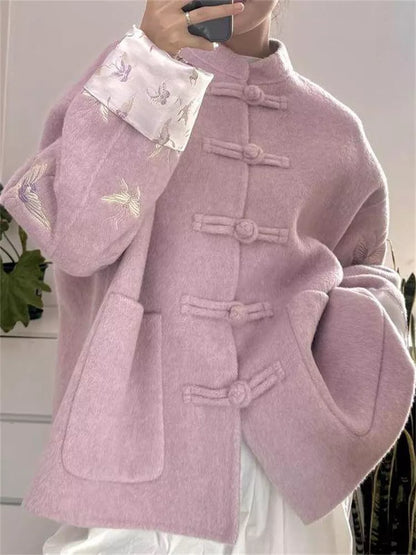 Women's Lilac Purple Faux Wool Chinese Style Coat