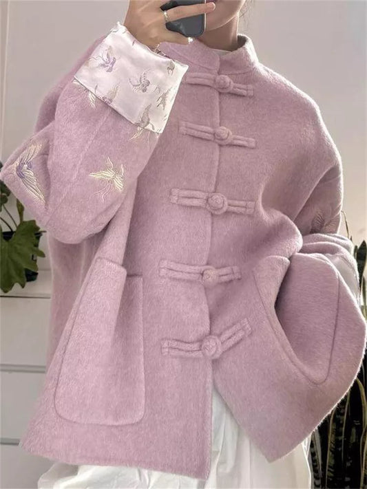 Women's Lilac Purple Faux Wool Chinese Style Coat