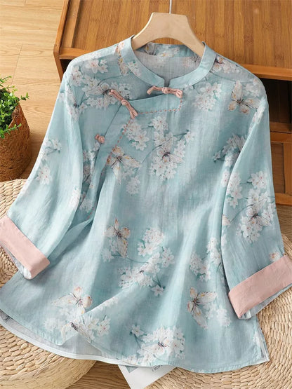 Women's New Chinese Style Lake Blue Ramie Linen Blouse Floral Butterfly Print Diagonal Placket Zen Tea Shirt