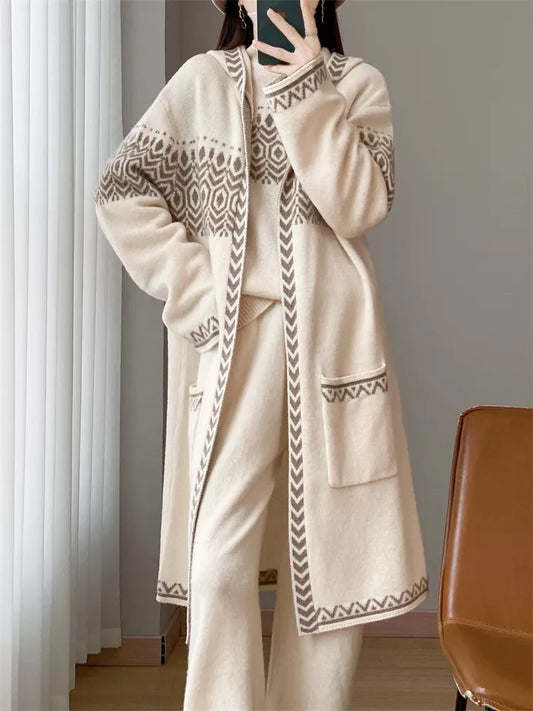 Women's Beige Geometric Jacquard Hooded Long Cardigan