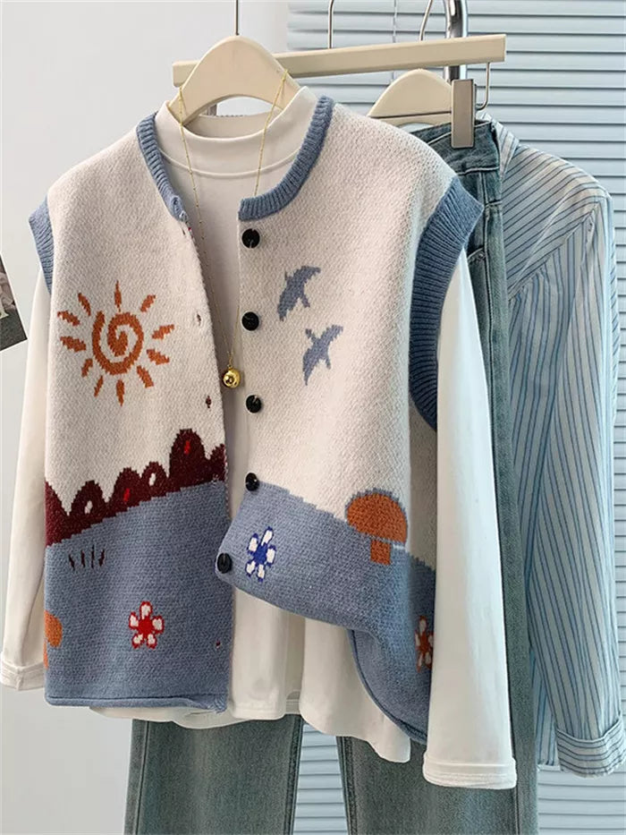Women's Artistic Landscape Jacquard Knit Vest  Vintage Sun & Bird Pattern Button Down Waistcoat