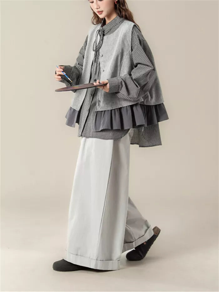 Women's Vintage 2-Piece Set Grey Ruffled Vest & Plaid Long Sleeve Shirt Layered Outfit