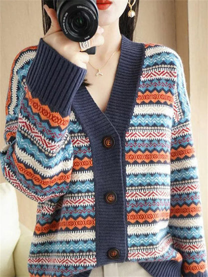Women's Korean Style Oversized Geometric Striped Cardigan Thick Cashmere Blend V-Neck Knit Sweater Coat