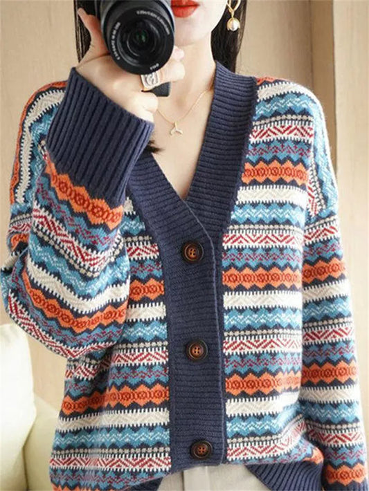 Women's Korean Style Oversized Geometric Striped Cardigan Thick Cashmere Blend V-Neck Knit Sweater Coat