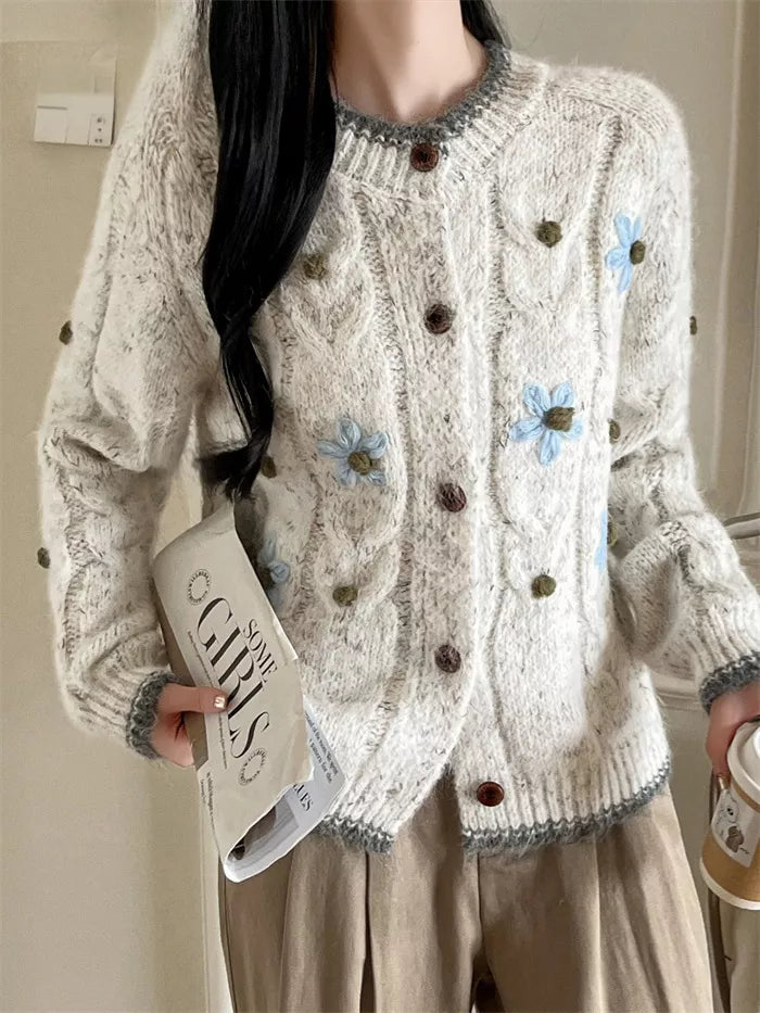 Women's Cream Cable Knit Cardigan with Blue Floral Embroidery