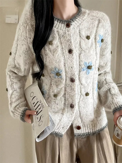 Women's Cream Cable Knit Cardigan with Blue Floral Embroidery