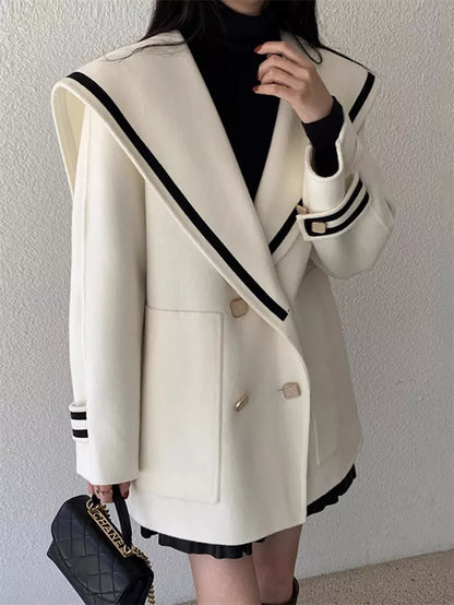 Women's French Vintage White Sailor Collar Coat Double Breasted Faux Cashmere Wool Jacket Preppy Loose Outerwear
