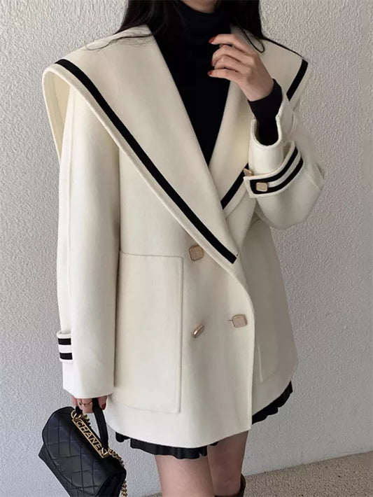 Women's French Vintage White Sailor Collar Coat Double Breasted Faux Cashmere Wool Jacket Preppy Loose Outerwear