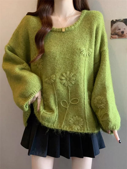 Women's Korean Chic Lime Green Floral Jacquard Knit Sweater Oversized Soft Pullover Winter Top