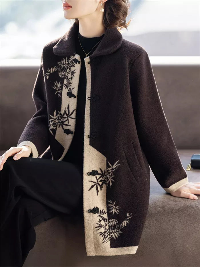 Women's Vintage Chinese Style Bamboo Print Wool Blend Coat Elegant Contrast Frog Button Jacket
