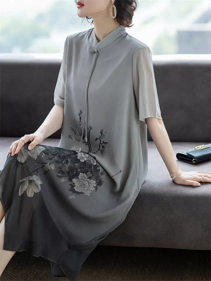 Women's Elegant Grey Ombre Chiffon Midi Dress Chinese Style Ink Floral Print Improved Qipao Summer Loose Dress
