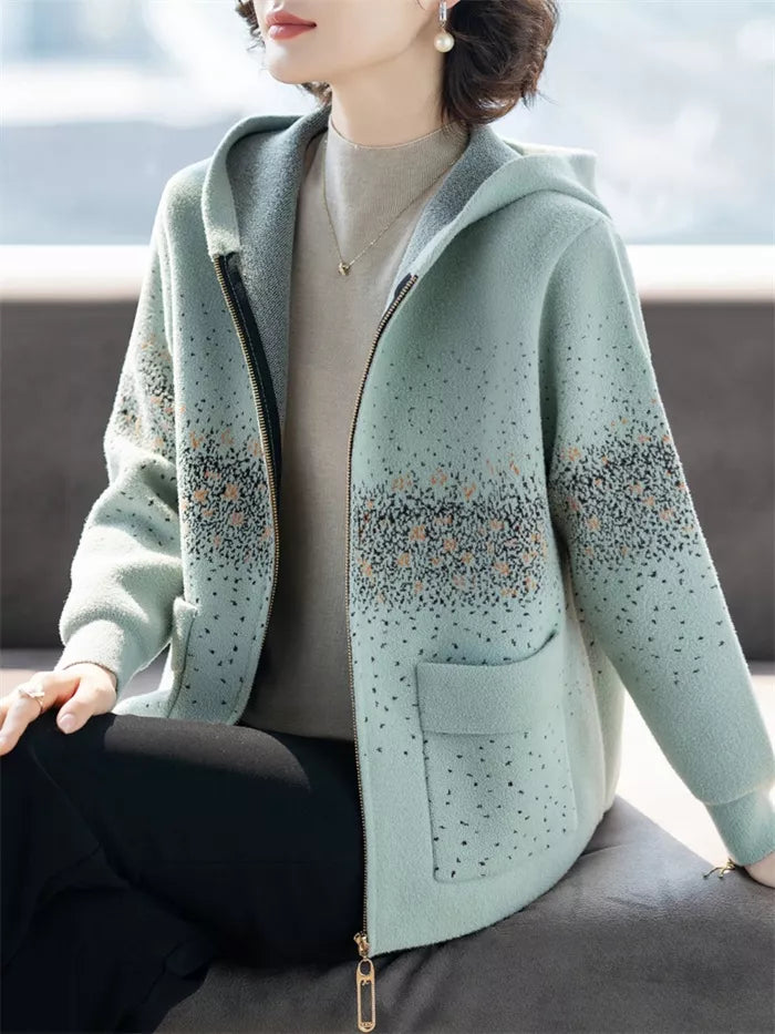Women's Mint Green Hooded Knit Jacket Casual Zip-Up Cardigan Sweater Coat with Speckled Print