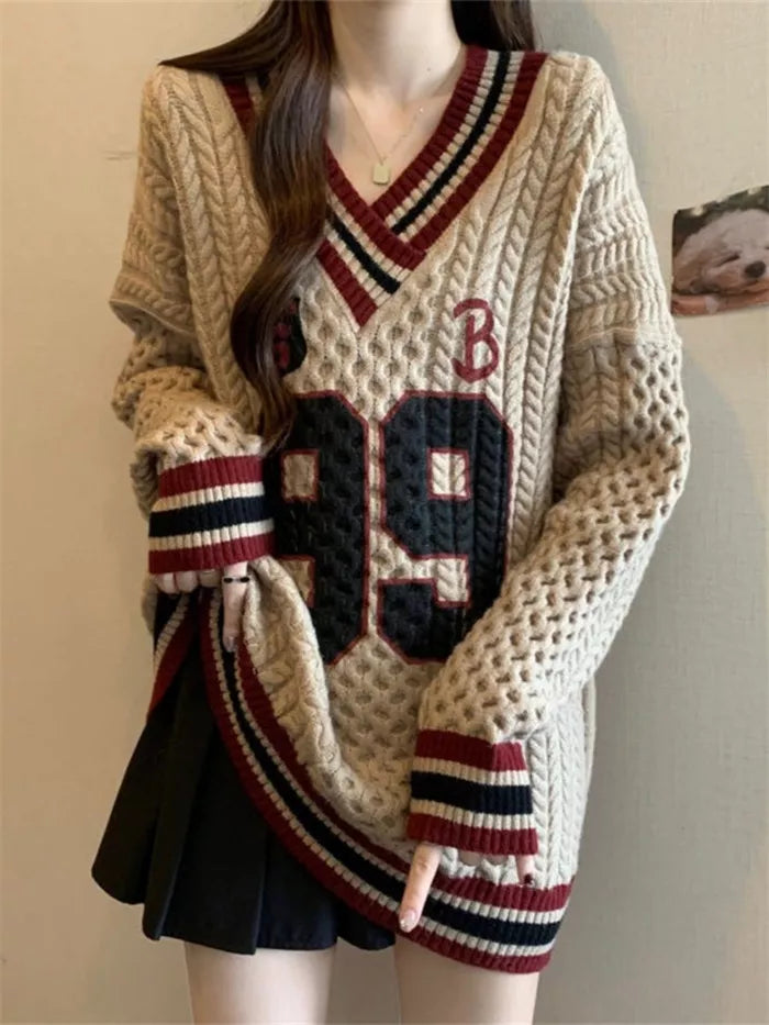 Women's Vintage Preppy Style V-Neck Cable Knit Sweater