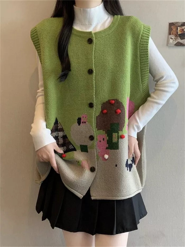 Women's Vintage Green Landscape Jacquard Knit Vest Artistic Button Down Waistcoat