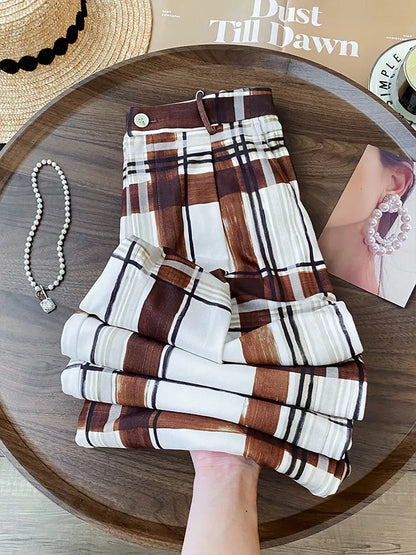 Women's French Vintage Brown Plaid Wide Leg Pants High Waist Thick Straight Trousers