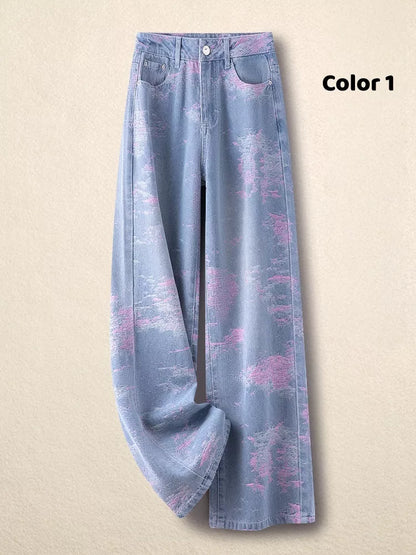 Women's Artistic Pink Abstract Jacquard Wide Leg Jeans High Waist Loose Straight Denim Pants
