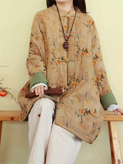 Women's Vintage Chinese Style Floral Padded Coat with Frog Buttons