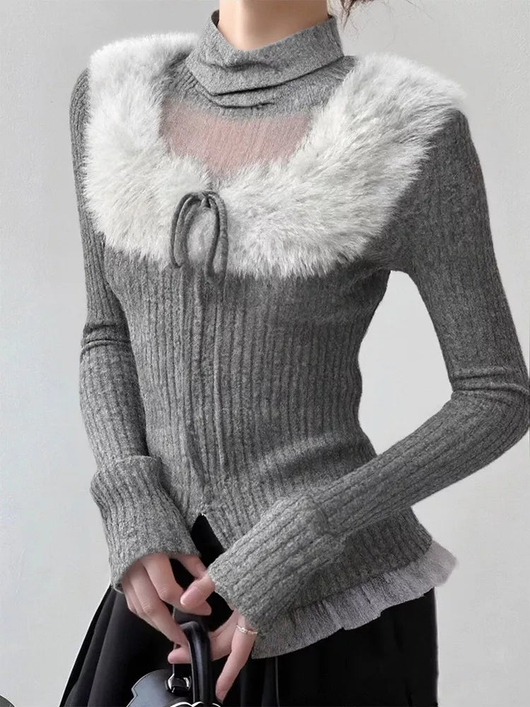 Women's Grey Faux Fur Collar Ribbed Knit Top