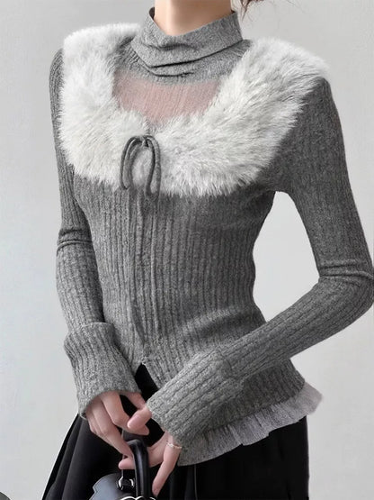 Women's Grey Faux Fur Collar Ribbed Knit Top