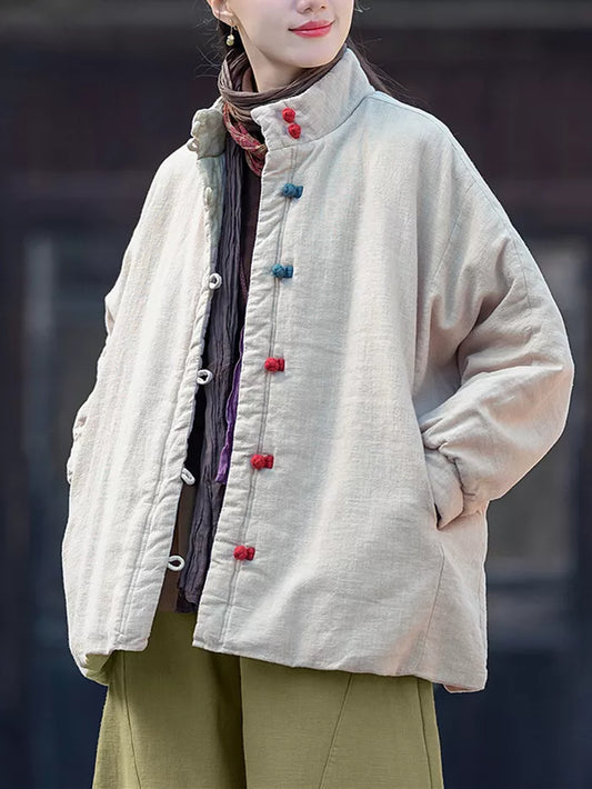 Women's Vintage Cotton Linen Padded Jacket Chinese Style Frog Button Short Coat