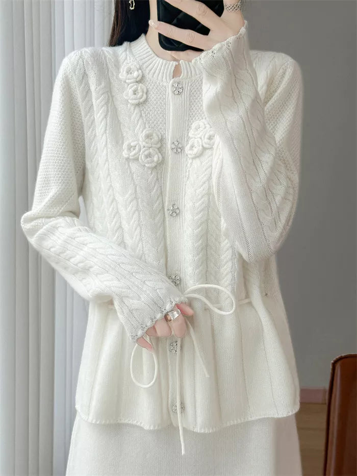 Women's Elegant White 3D Floral Wool Cardigan Drawstring Waist