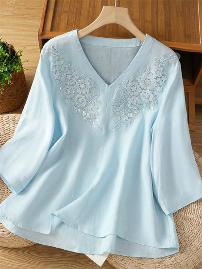 Women's Artistic Light Blue Ramie Blouse Floral Embroidered V-Neck Shirt Beaded Linen Top