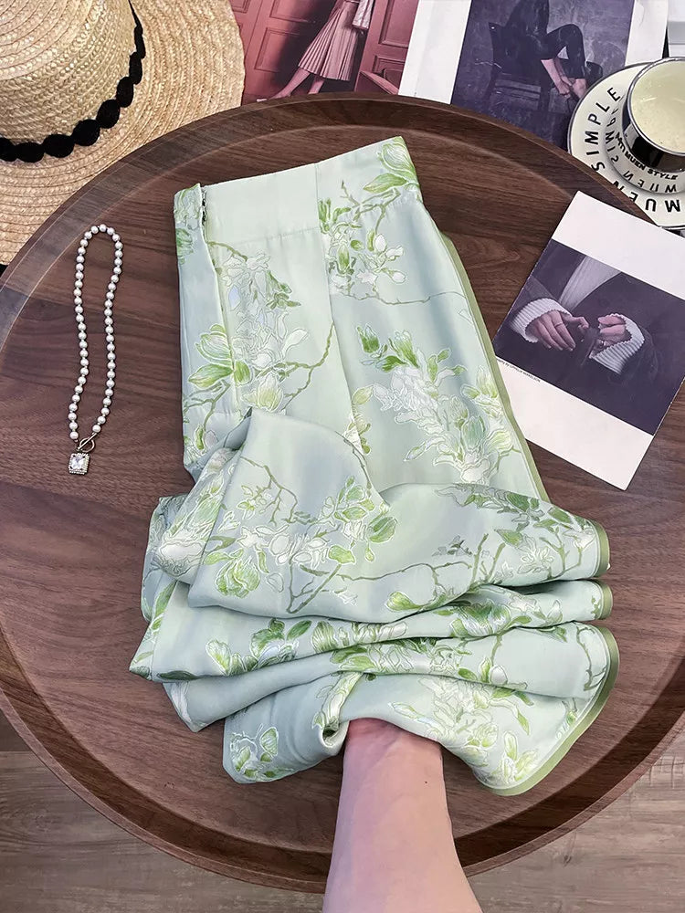Women's New Chinese Style Green Floral Wide Leg Pants High Waist Satin Vintage Straight Trousers