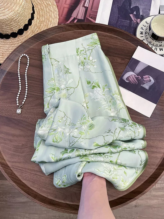 Women's New Chinese Style Green Floral Wide Leg Pants High Waist Satin Vintage Straight Trousers