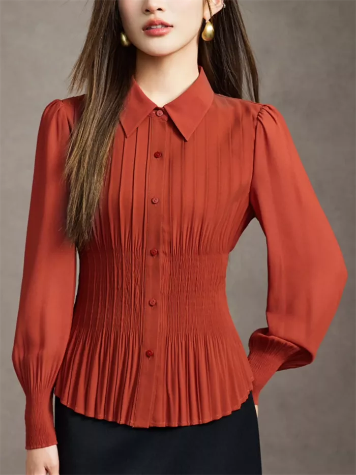 Women's Elegant Rust Orange Pleated Blouse
