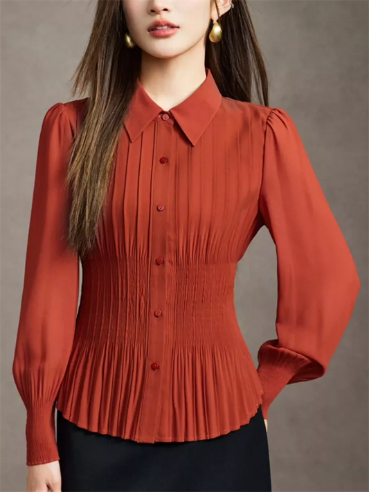 Women's Elegant Rust Orange Pleated Blouse