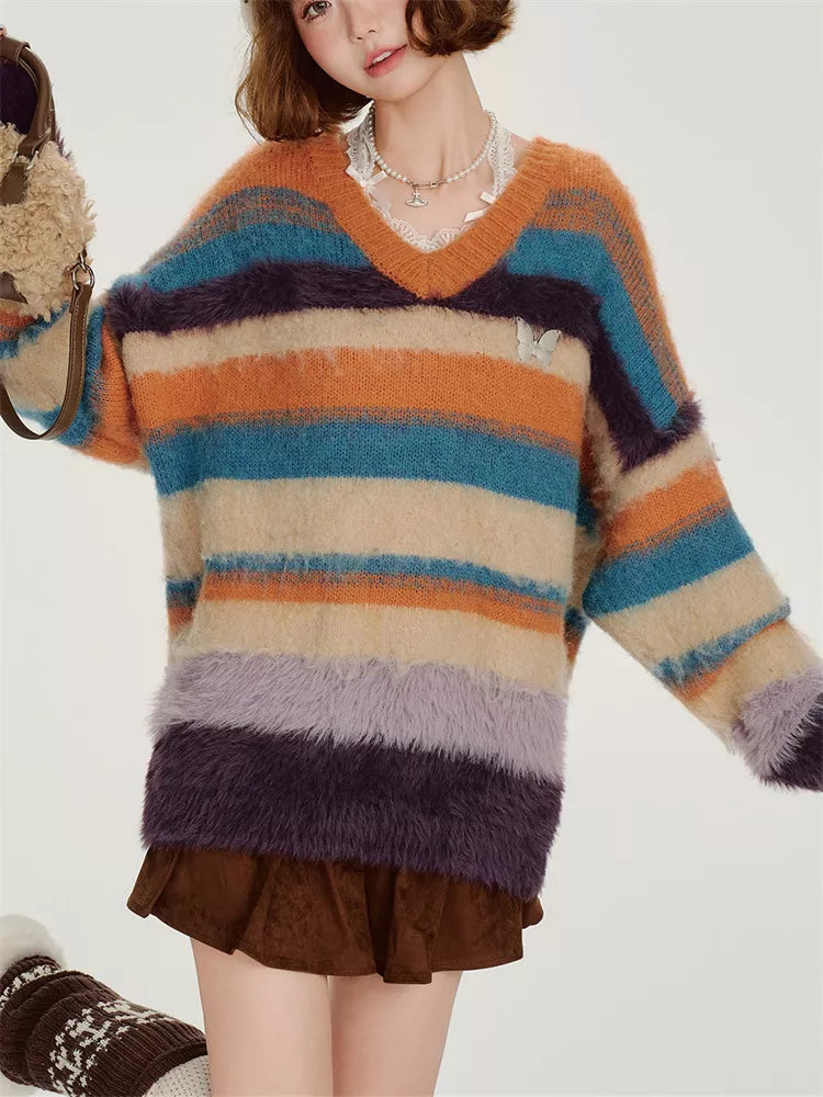 Women's Y2K Vintage Striped Mohair Knit Sweater Oversized V-Neck Fuzzy Pullover