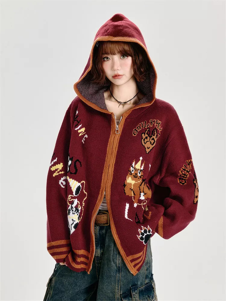 Women's Y2K Burgundy Zip-Up Hooded Cardigan Oversized Cartoon Cat Graphic Knit Jacket