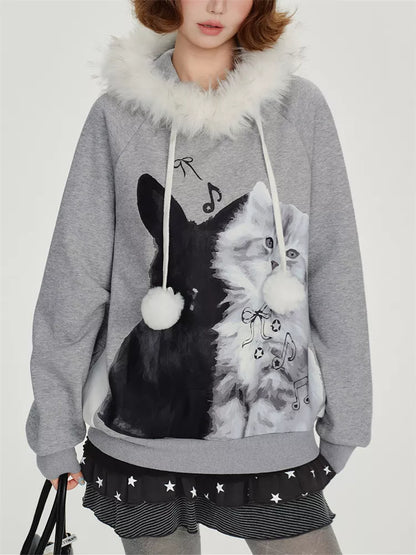 Women's Kawaii Grey Cat Hoodie Faux Fur Trim Pom-pom Drawstring Sweatshirt
