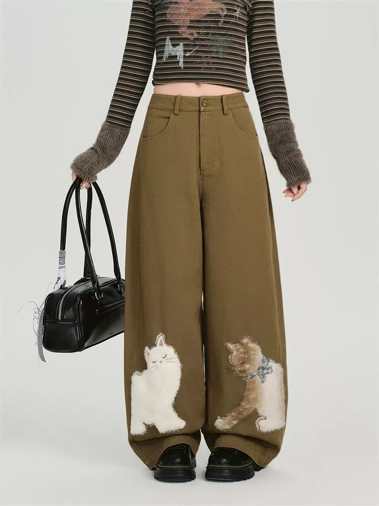Women's Olive Green Wide Leg Pants Cute Fuzzy Cat Applique Baggy Trousers