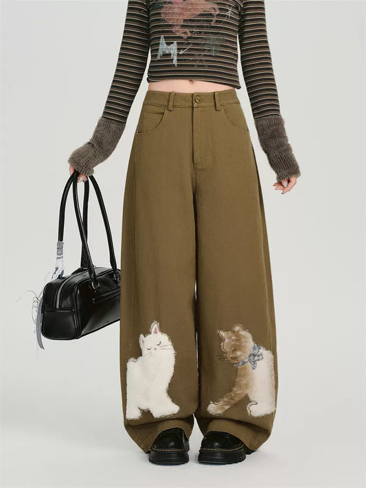 Women's Olive Green Wide Leg Pants Cute Fuzzy Cat Applique Baggy Trousers