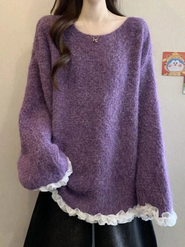 Women's Coffee Fuzzy Knit Sweater with White Ruffle Trim Oversized Soft Pullover