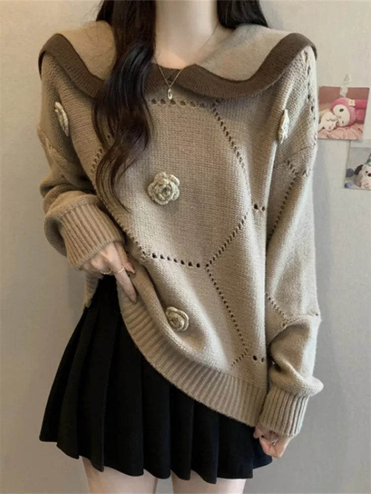 Women's Cute Khaki Sailor Collar Knit Sweater 3D Floral Applique Pullover