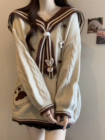 Women's Kawaii Sailor Collar Knit Sweater Cute Paw Print Pocket 3D Flower Pullover