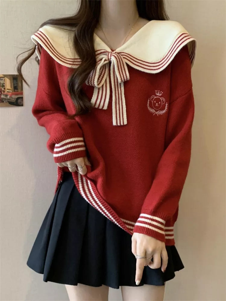 Women's Red Sailor Collar Knit Sweater Cute Preppy Style Pullover with Bow Tie & Bear Embroidery