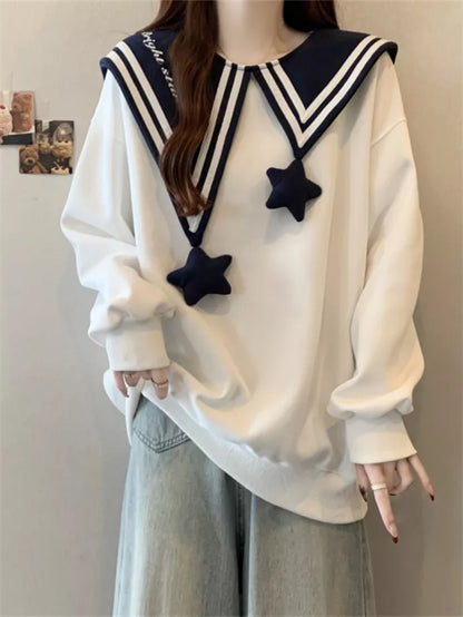 Women's Navy Blue Sailor Collar Sweatshirt Cute 3D Star Pendant Pullover