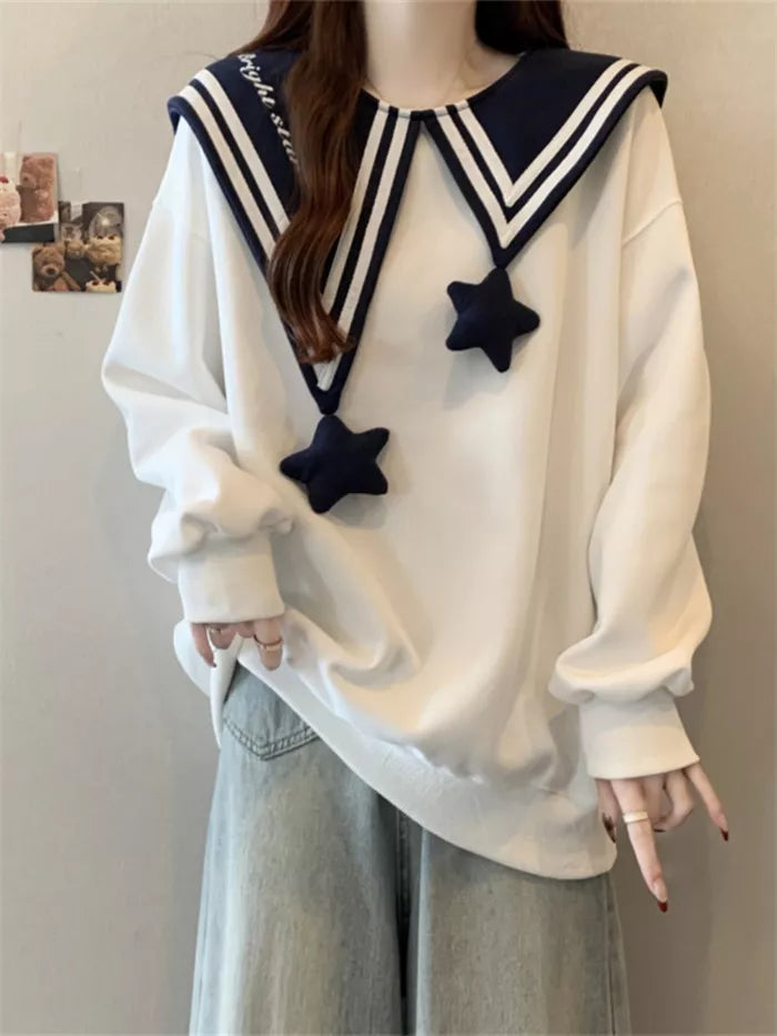 Women's White Sailor Collar Sweatshirt Cute 3D Star Pendant Pullover