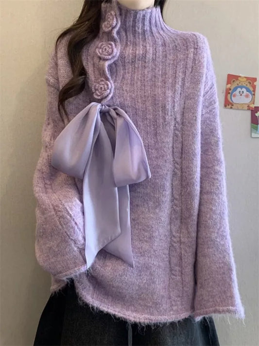 Women's Apricot Mock Neck Knit Sweater Large Satin Bow Tie 3D Rose Button Pullover