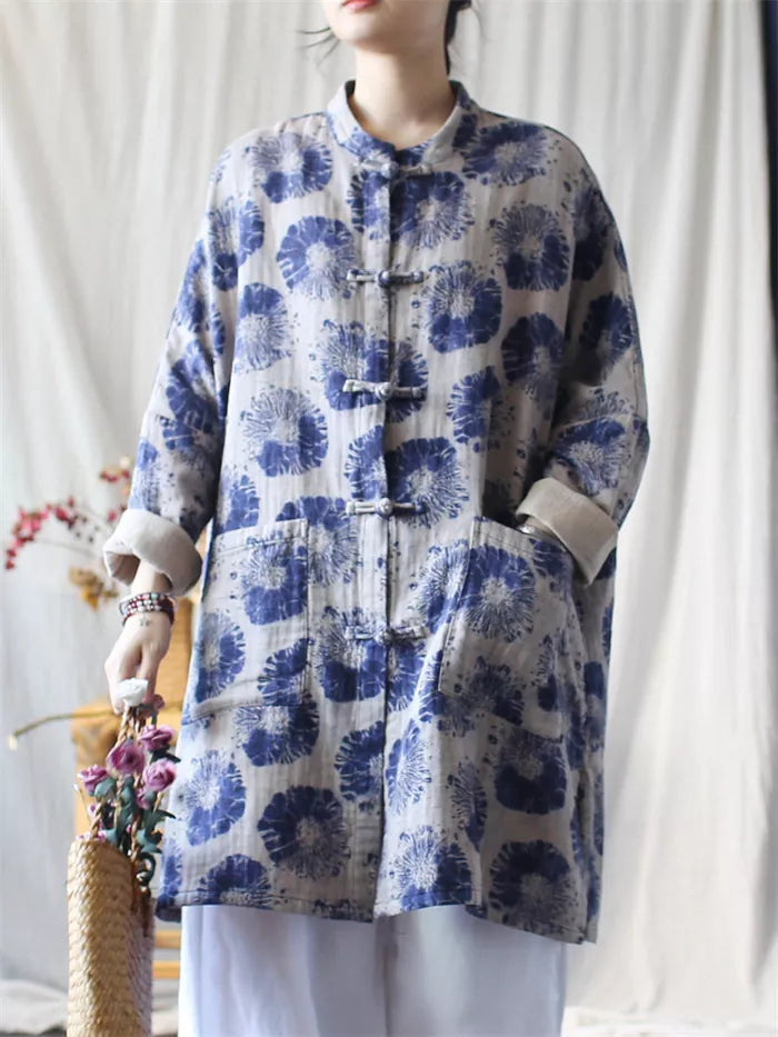 Women's Vintage Chinese Style Blue Batik Print Padded Coat Mid-Length Cotton Linen Jacket with Frog Buttons