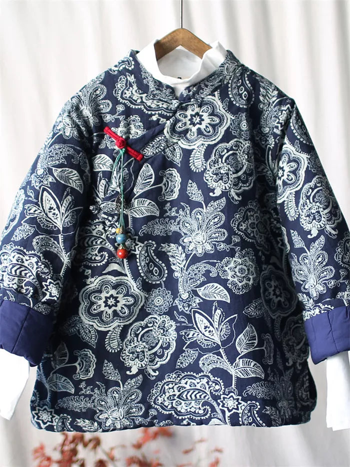 Women's Vintage Chinese Style Blue Floral Padded Jacket Cotton Linen Frog Button Short Coat