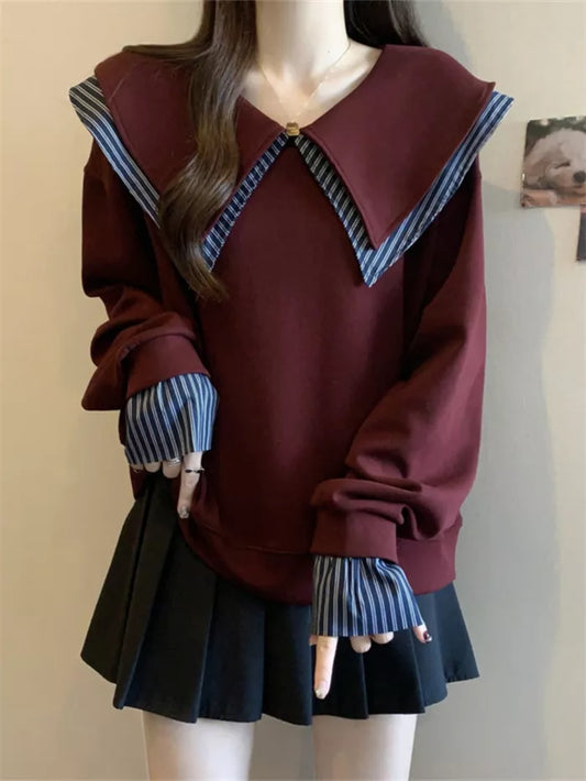 Women's Burgundy Sailor Collar Sweatshirt Fake Two-Piece Striped Pullover