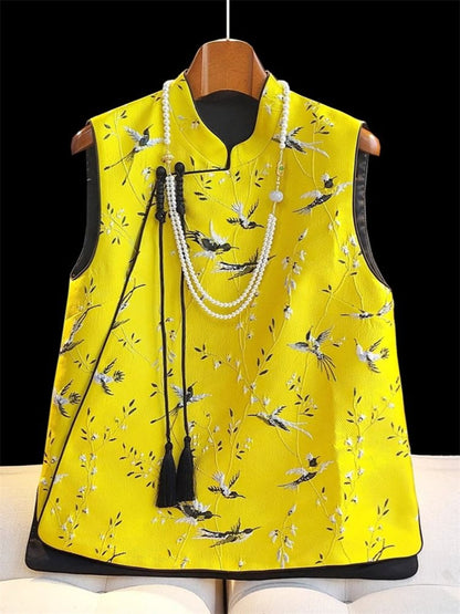 Gelbe Brokat-Jacquard-Weste im Vintage-Stil (chinesischer Stil) für Herbst/Winter mit Froschknöpfen