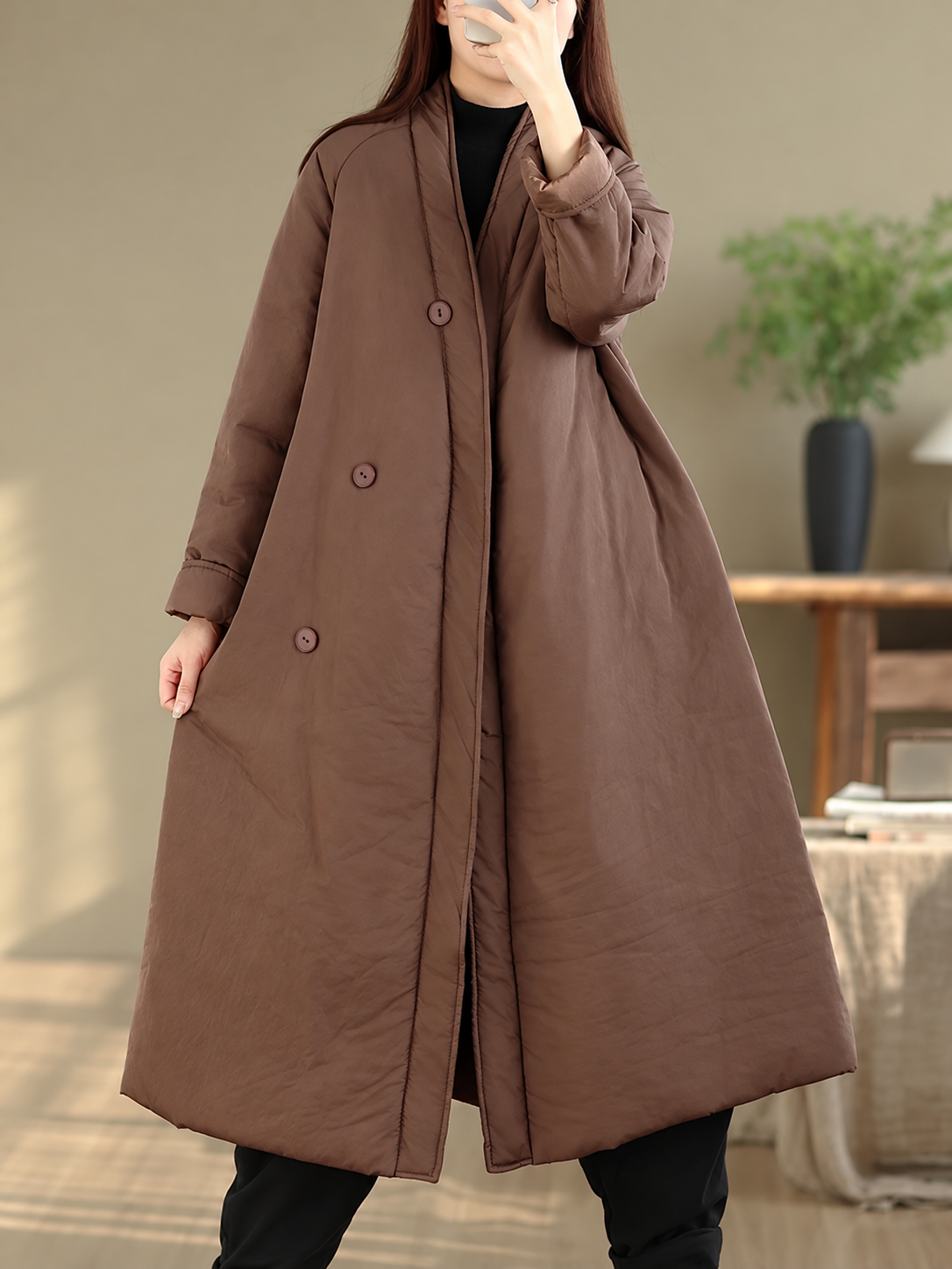 Solid Color V-Neck Asymmetrical Button Padded Coat